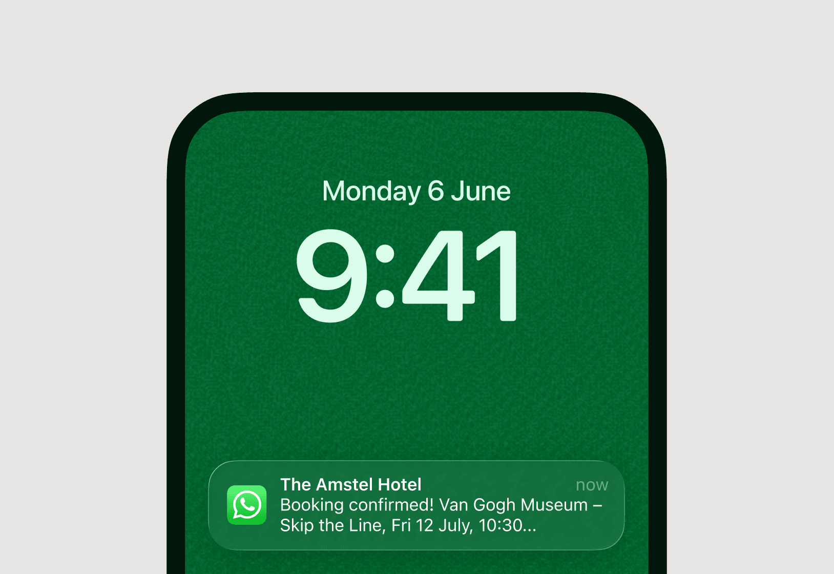 Phone lock screen with a booking confirmation from the hotel