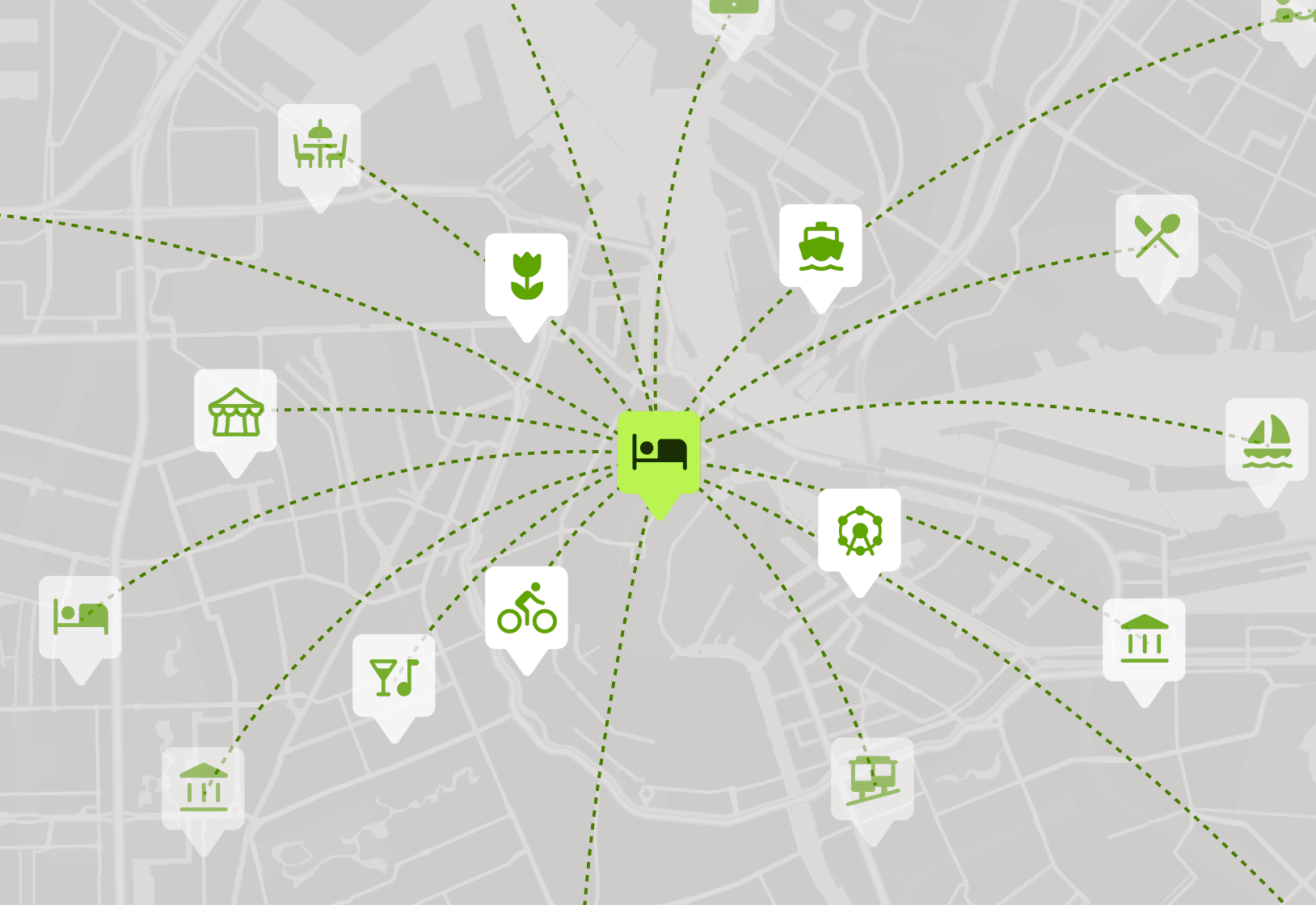 City map with pins for curated nearby experiences