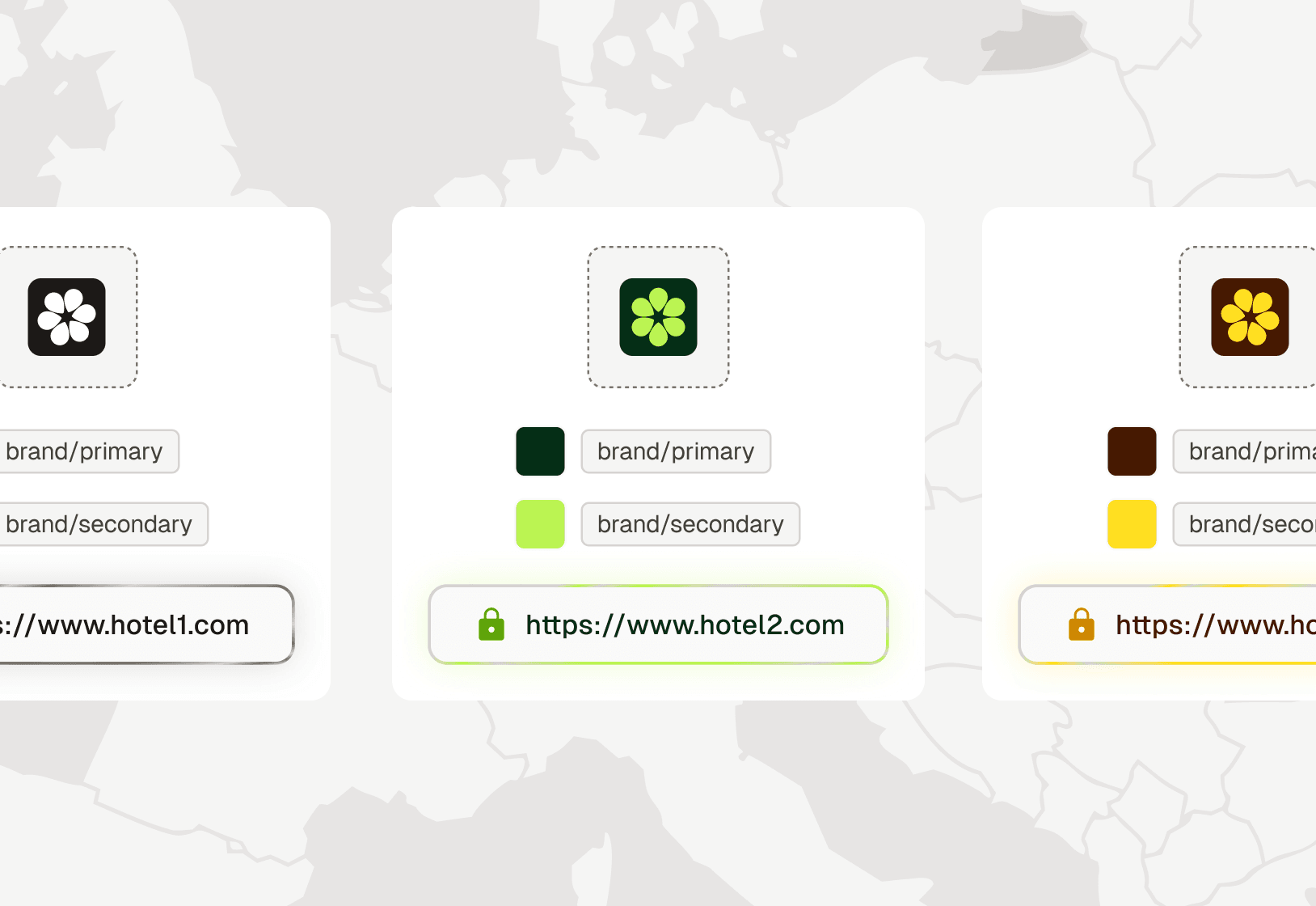 Three hotel storefronts on a map, each with its own logo, brand colours and domain