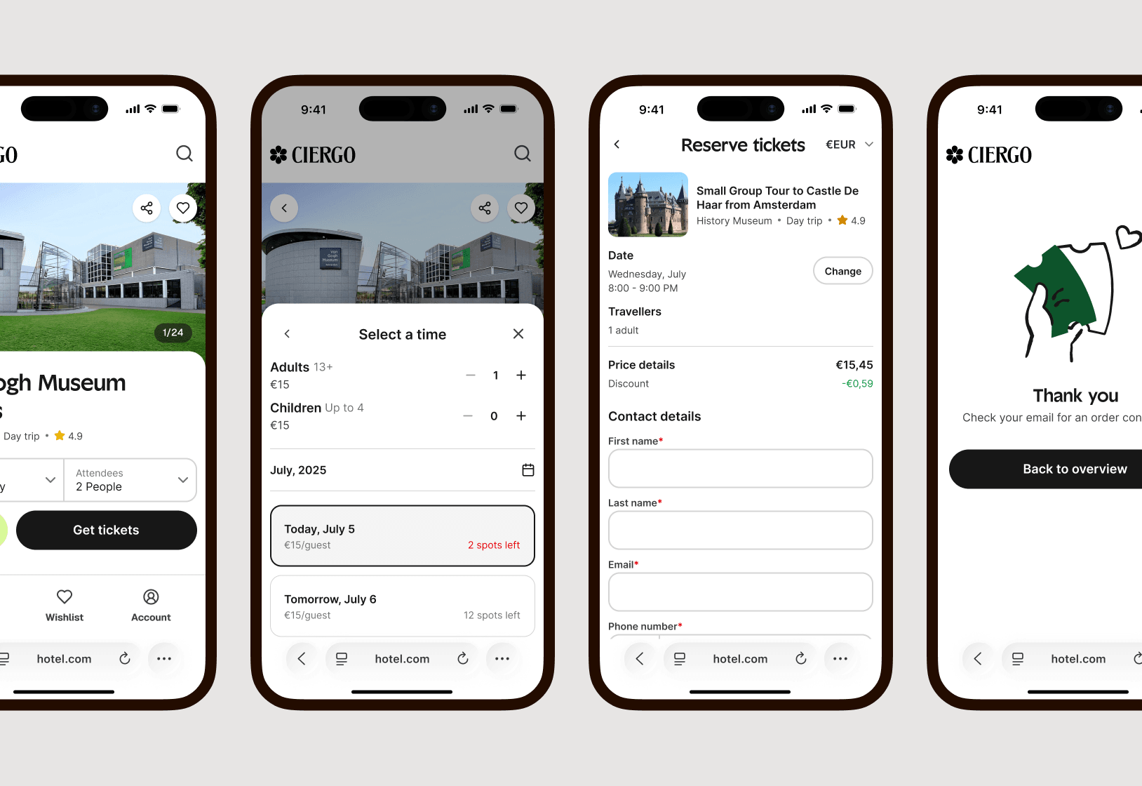 Phone screens showing the booking flow end to end