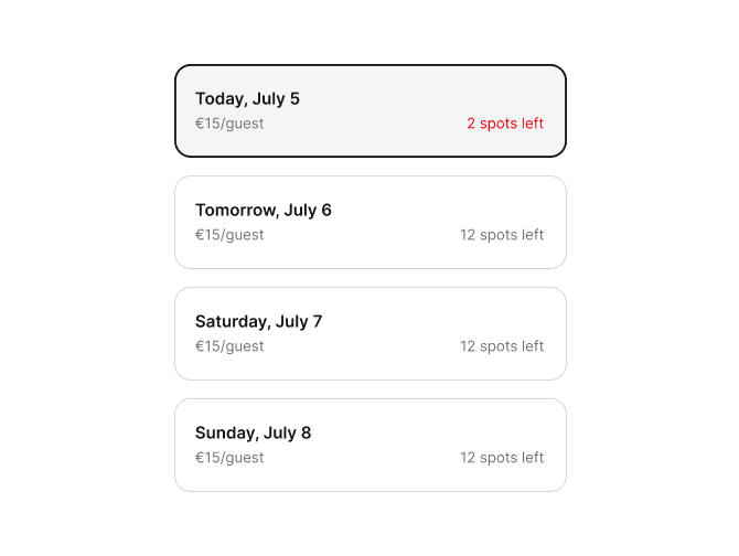 Availability by date with remaining spots