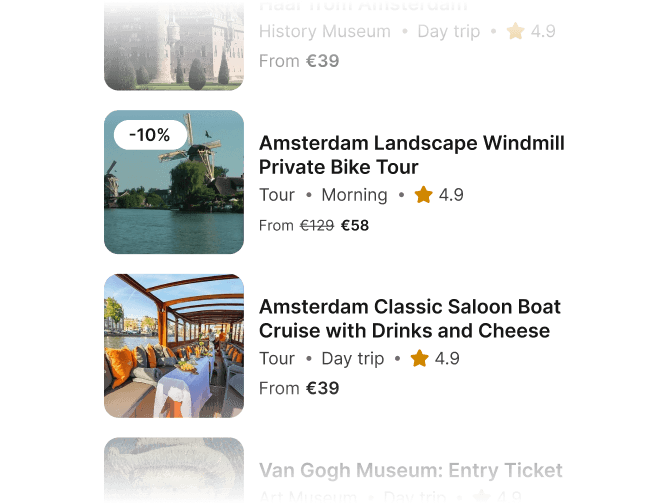 Experience list with prices and ratings