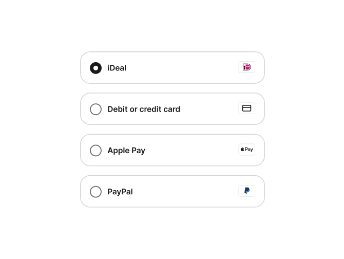 Payment method options including iDeal, Apple Pay and PayPal