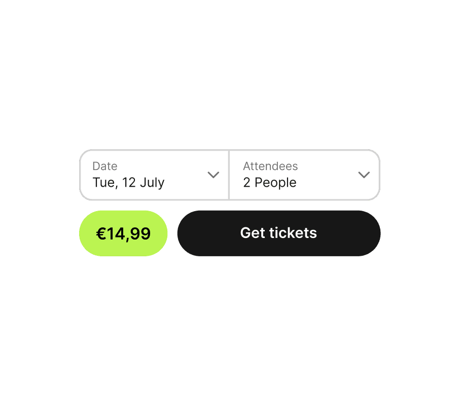 Date and attendee pickers above a Get tickets button
