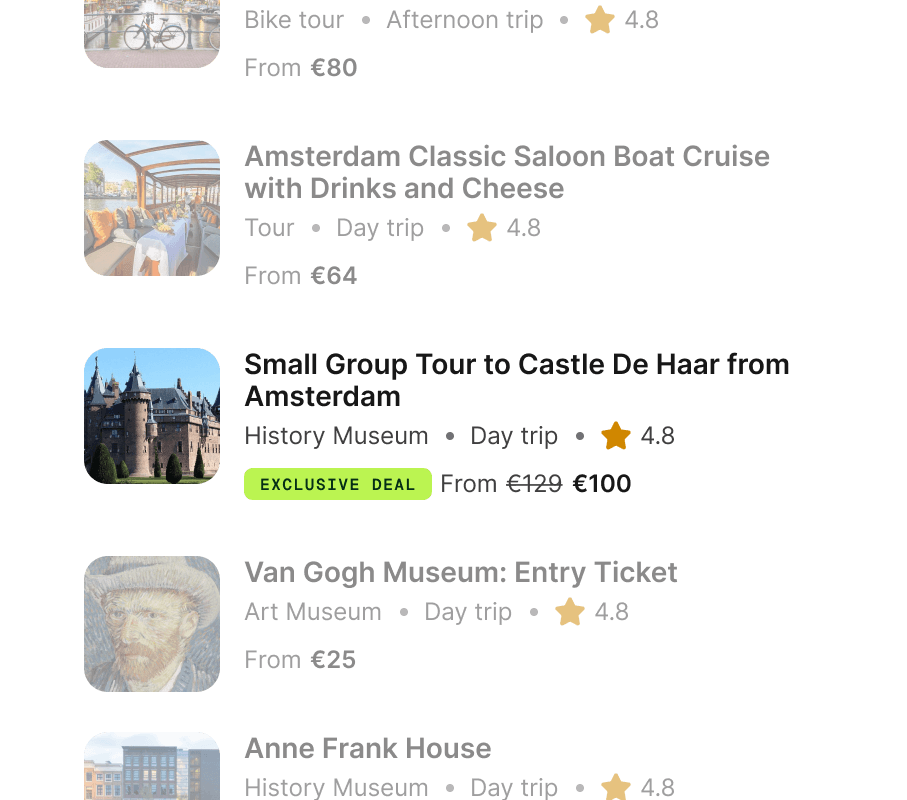 Experience list with exclusive deals and ratings