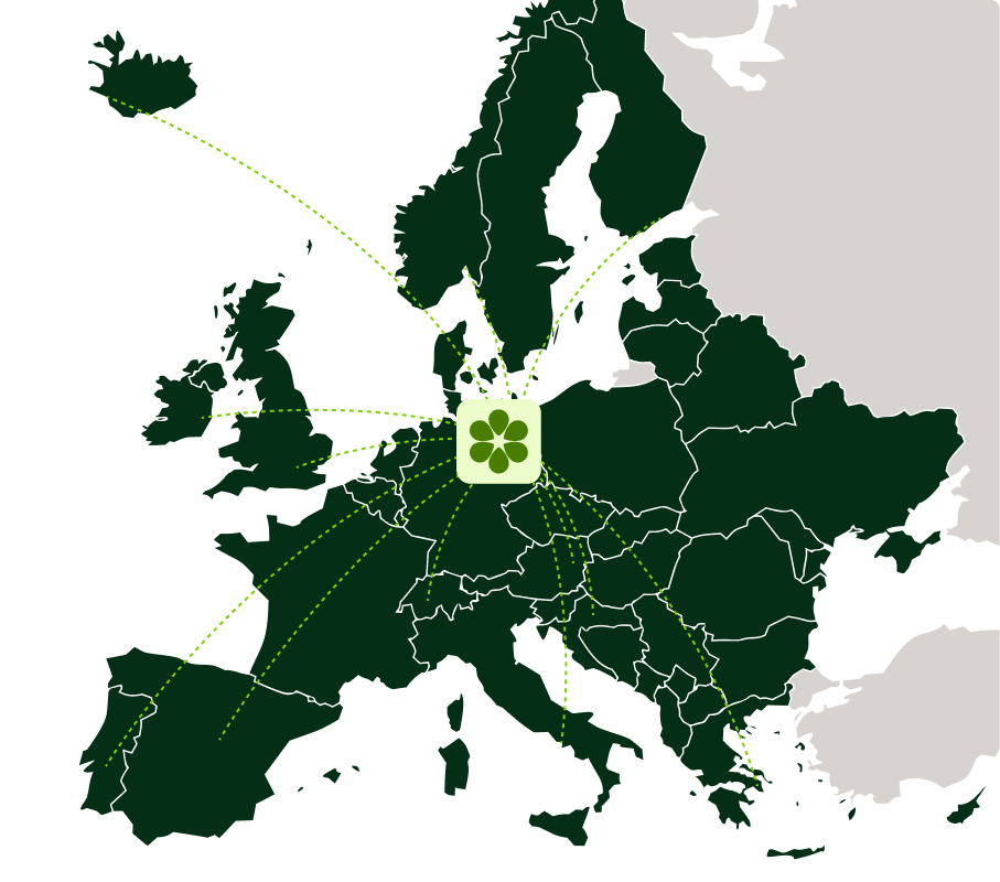 Map of Europe with a Ciergo pin connecting to suppliers across the continent
