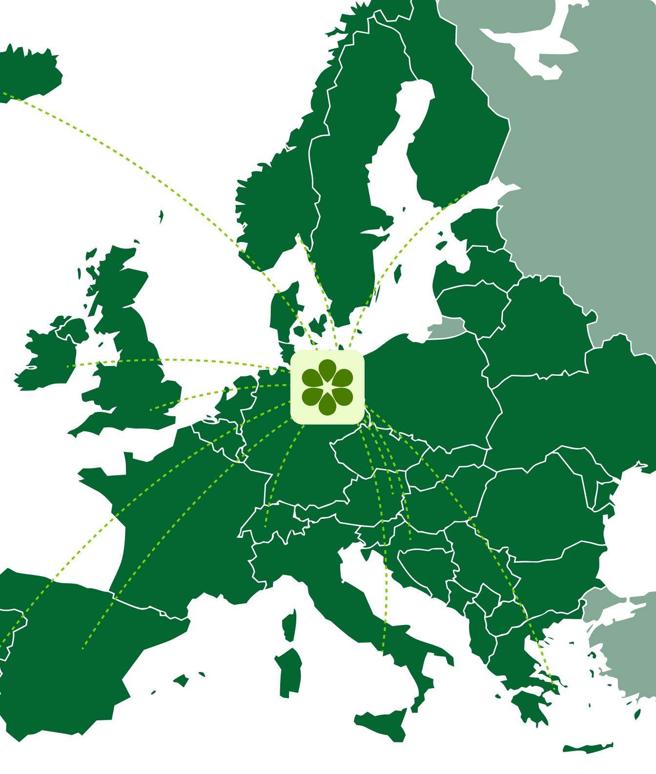 Map of Europe with suppliers connected across the continent