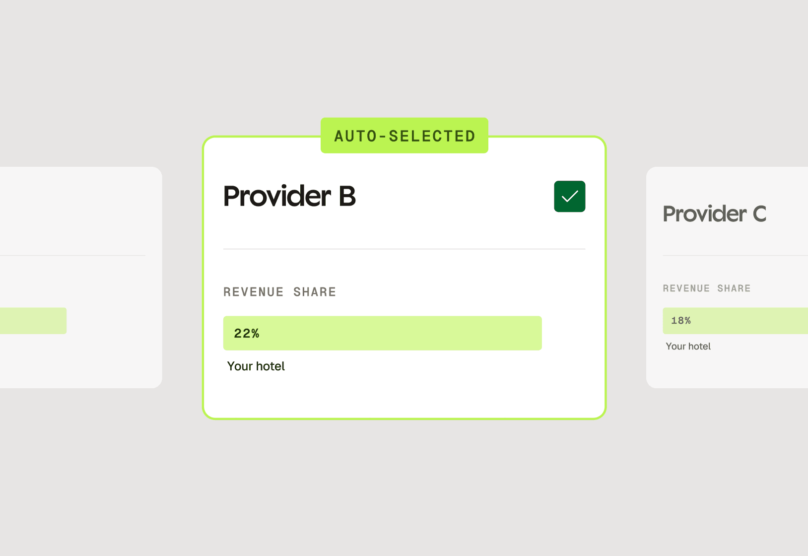 Provider cards with revenue share, one auto-selected